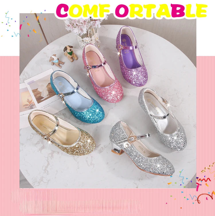 Classic Children High Heels Leather Shoes Fashion Sequins Elegant Kids Girls Wedding Shoes Princess Party Dress Single Shoes