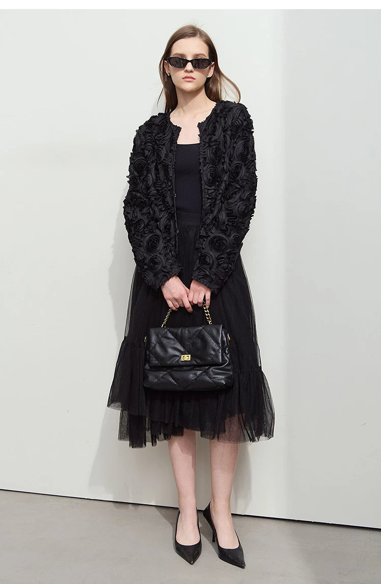 AMII Minimalism Short Jacket Women 2025 Autumn Elegant Floral O Neck Coat