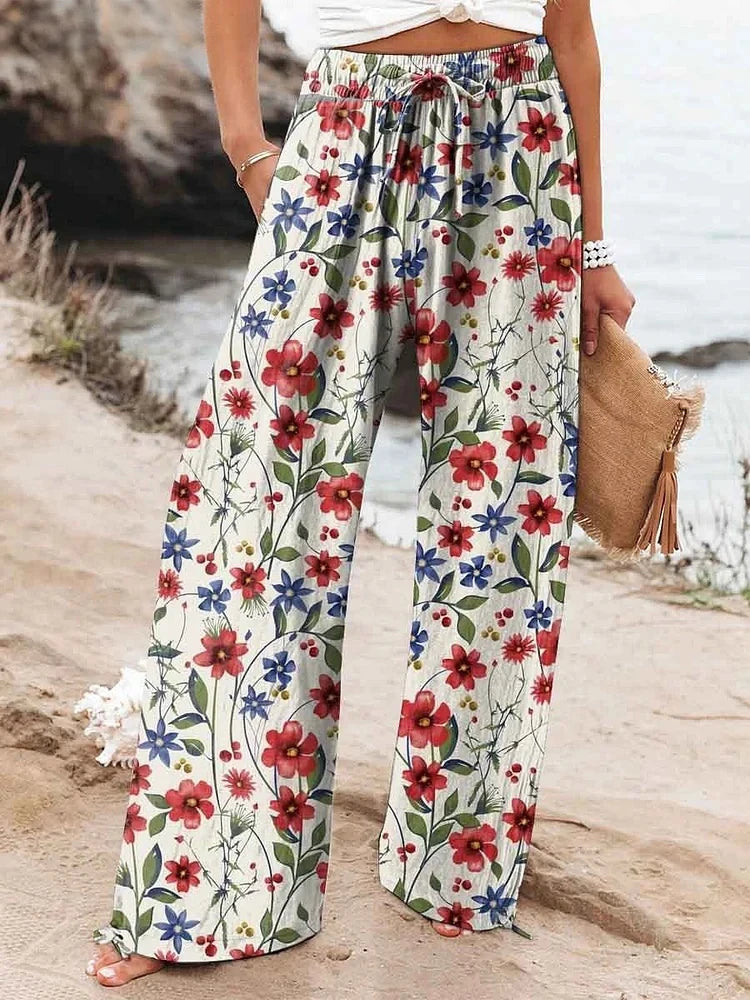 2025 New Women's Drawstring Relaxed-Fit Casual Pants 3D Floral Print Comfortable Breathable Fashionable Wide-Leg Pants