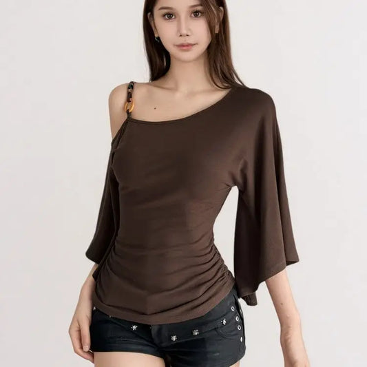 Sexy Retro Style Five-Quarter Sleeve T-Shirt Women's Waist-Cinching Slimming Fashionable Versatile Top Trendy Streetwear