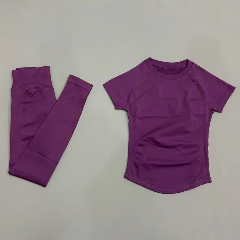 2 Pieces HISTELLO Yoga Set Women Short Sleeve Crop Top Low Waist Butt Lifter Leggings Seamless Breathable Stretch Fitness Sets