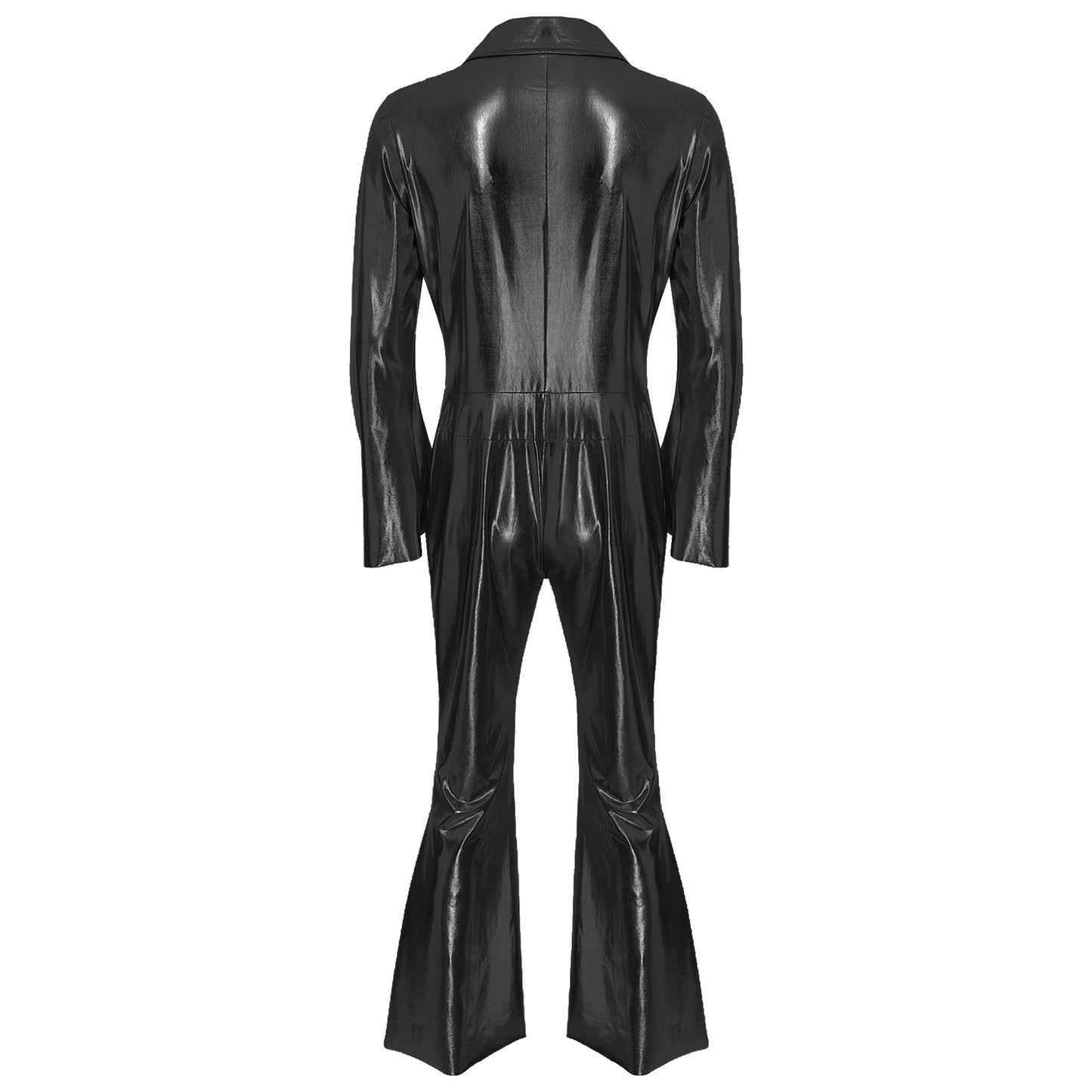 Mens 70s Disco Hippies Jazz Dance Performance Costume Metallic Shiny Unitards Jumpsuit Wide Leg Pants Rompers Vintage Clubwear