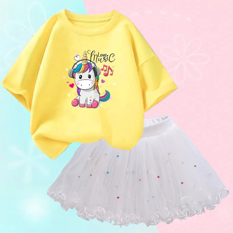Dresses For Girl Summer Fashion Wear Outfit Kids T-Shirt Suit Unicorn Party Baby Costumes For Children Tulle Tutu Skirt Clothing