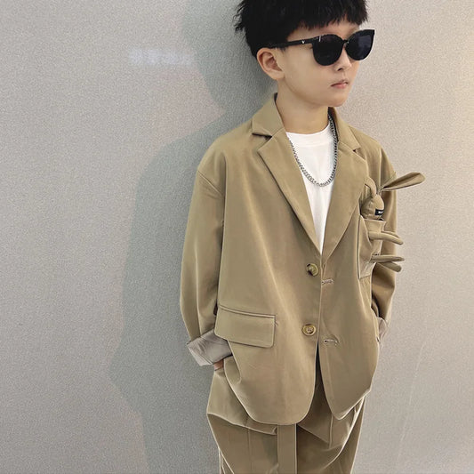 School Boys Suits Casual Blazer Wide-legged Trousers Two Piece Kids Clothes Set Khaki Loose Children Wedding Birthday Costumes