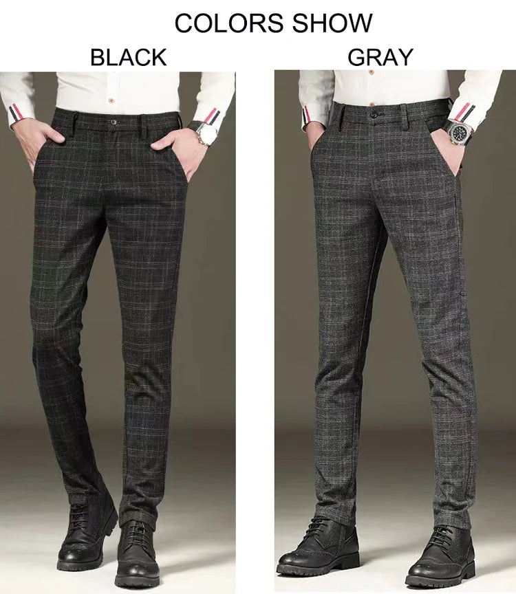 Fashion Black Grey Casual Trouses Mens Straight Fit Long Pants Striped Plaid Four Seasons High Quality Brand Business Trousers
