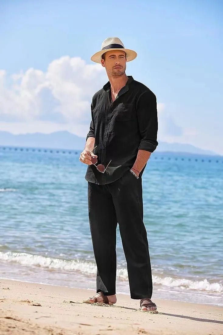 Mens Casual Linen Two Piece Sets 2024 Europe Style Vintage Basic Tops and Solid Pants Suit Male Beach Tracksuits Set