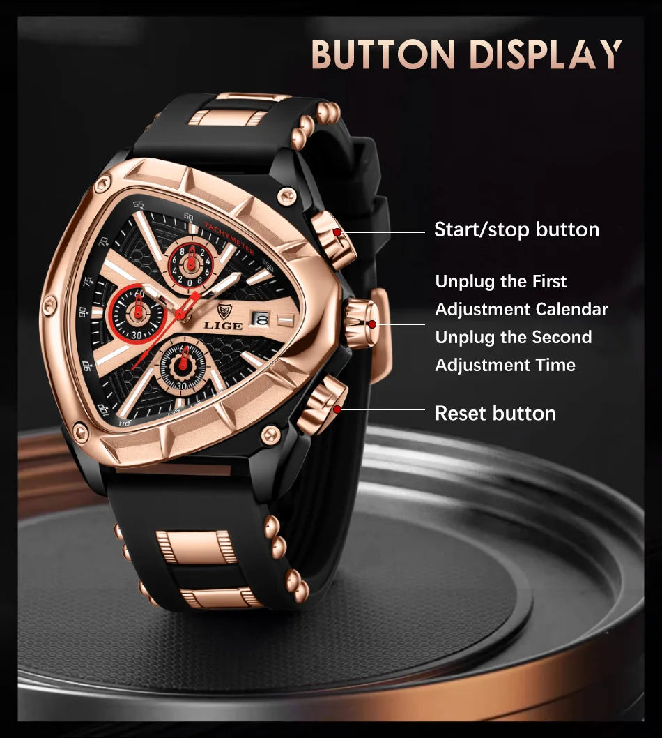 LIGE Sports Triangle Mens Watches Luminous Pointers Fashion Rubber Strap Military Irregular Quartz Wristwatch Waterproof  Watch