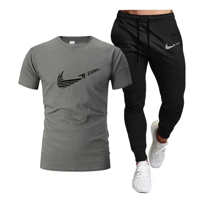 Summer Sports Men's Jogging Pure cotton T-shirt + thin long Pants 2-piece breathable and quick-drying set