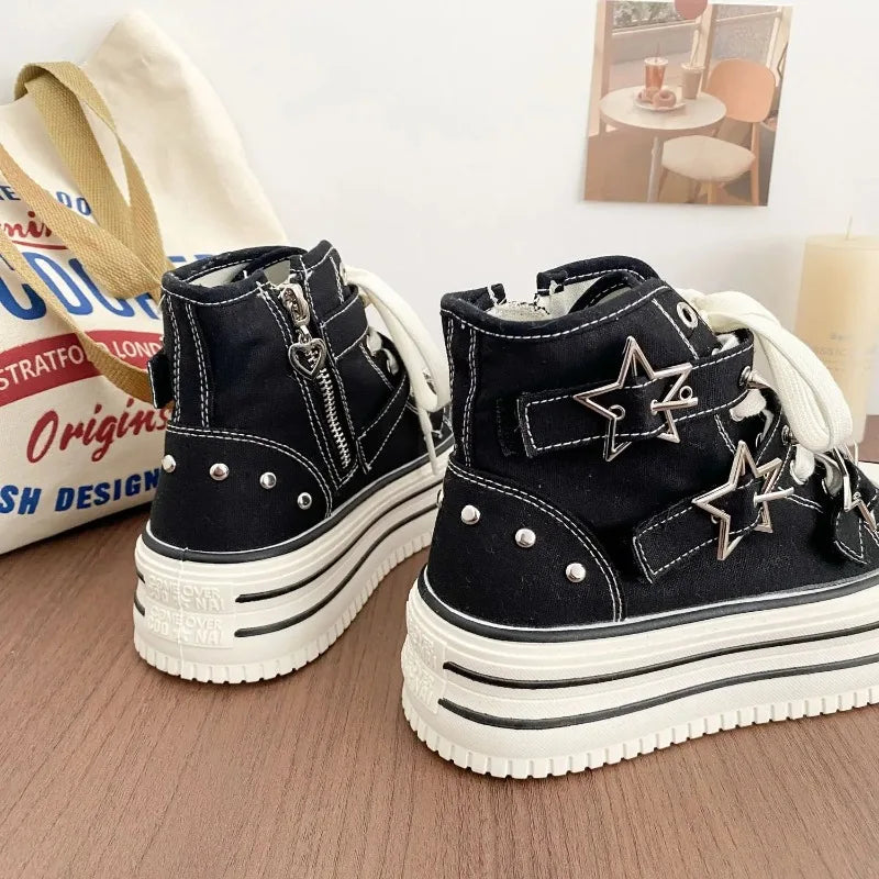 Y2K Pink High-top Canvas Shoes for Women Design Rivet Buckle Lace-up Platform Women's Summer Sports Shoes Fashion Board-shoe