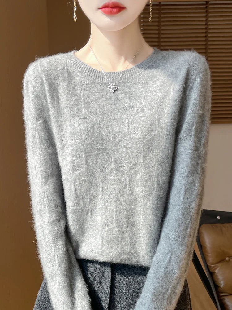 Women 100% Merino Wool Sweater Casual Hollow out Cashmere Blouse O-neck Pullover Tops Autumn Winter Warm Knit Woman Wool Sweater