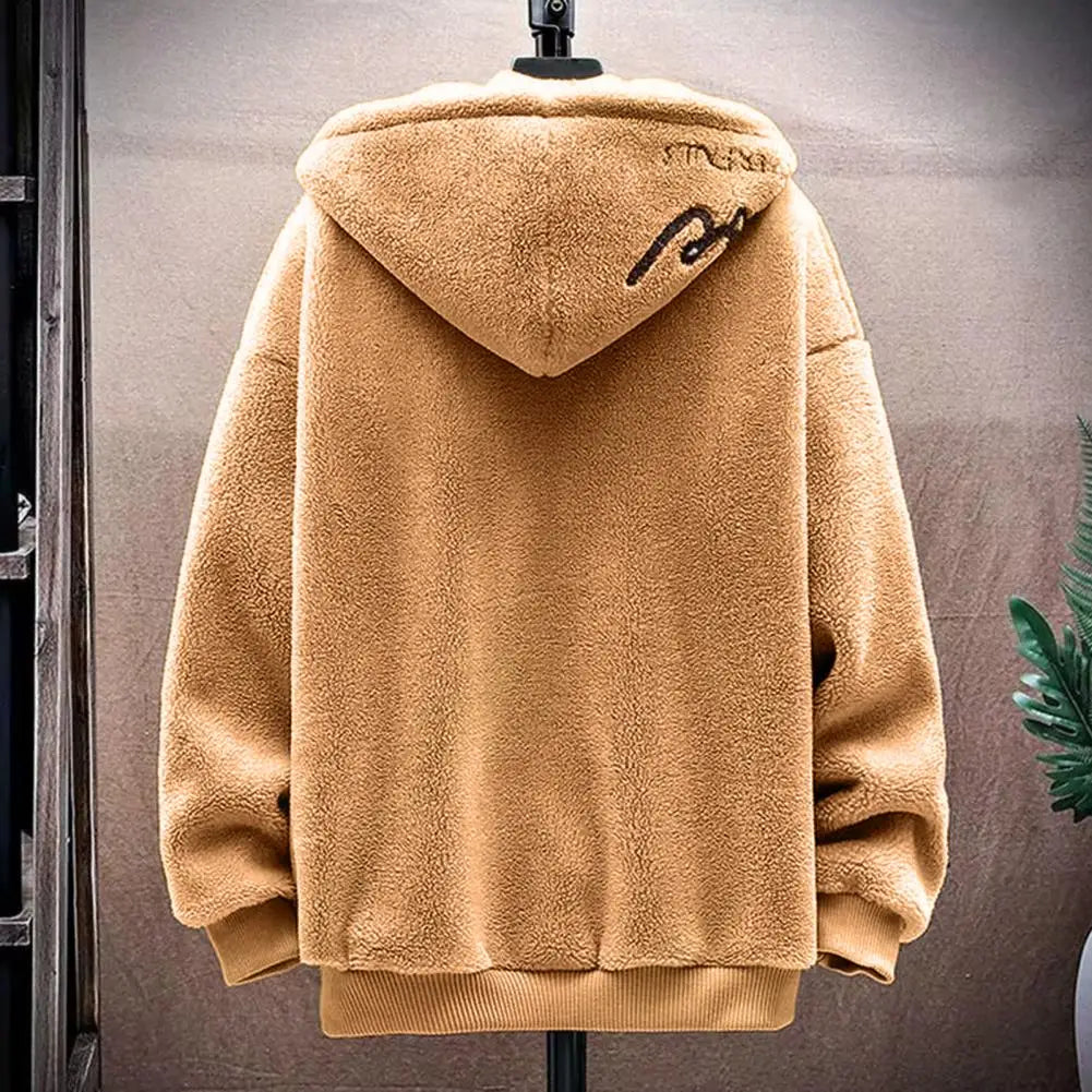 Faux Sherpa Thickened Men Jacket Zipper Closure Pockets Hooded Jackets Casual Thickened Sherpa Lining Winter Warm Men's Jackets