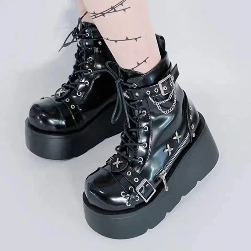 New Gothic Style Platform Vampire Cosplay Women Mid-calf Boots 2025 Winter Wedges Comfy Women Motorcycle Boots Shoes