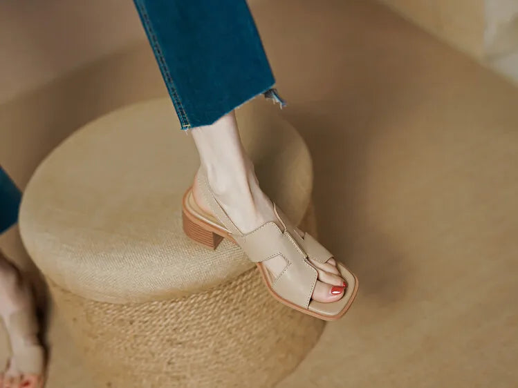 2025 Summer Women Shoes Square Toe Chunky Heel Women Sandals High Heels Ladies Shoes Casual Leather Shoes Women Genuine Leather
