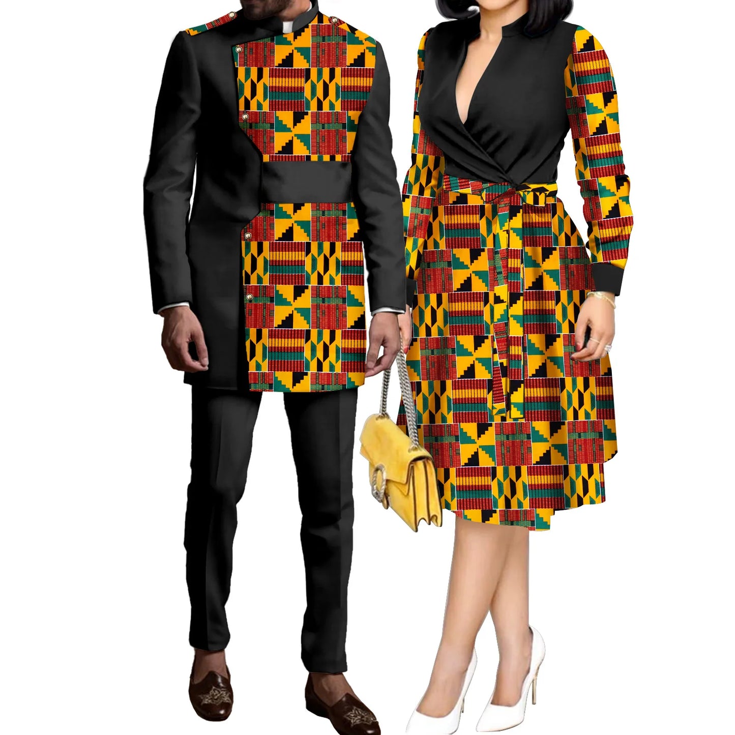 SEA&ALP African Kente Prints Couple Clothes for Wedding Dashiki African Men Long Sleeved Pants Set Matching Women Dresses