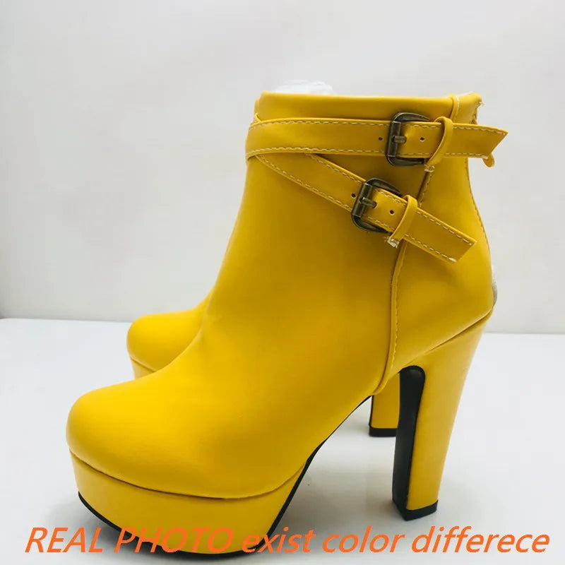 REAVE CAT Size 34-50 Ladies Platform Ankle Boots Party Office Women Fashion 12CM Thick High Heels Buckle Shoes F1484
