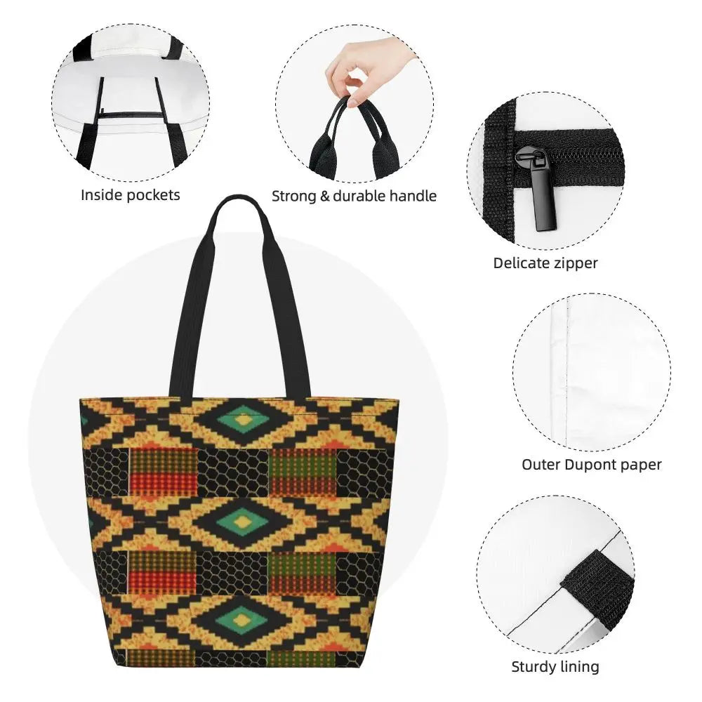 African Ankara Prints Grocery Shopping Tote Bags Women Geometric Ethnic Art Canvas Shoulder Shopper Bags Big Capacity Handbag