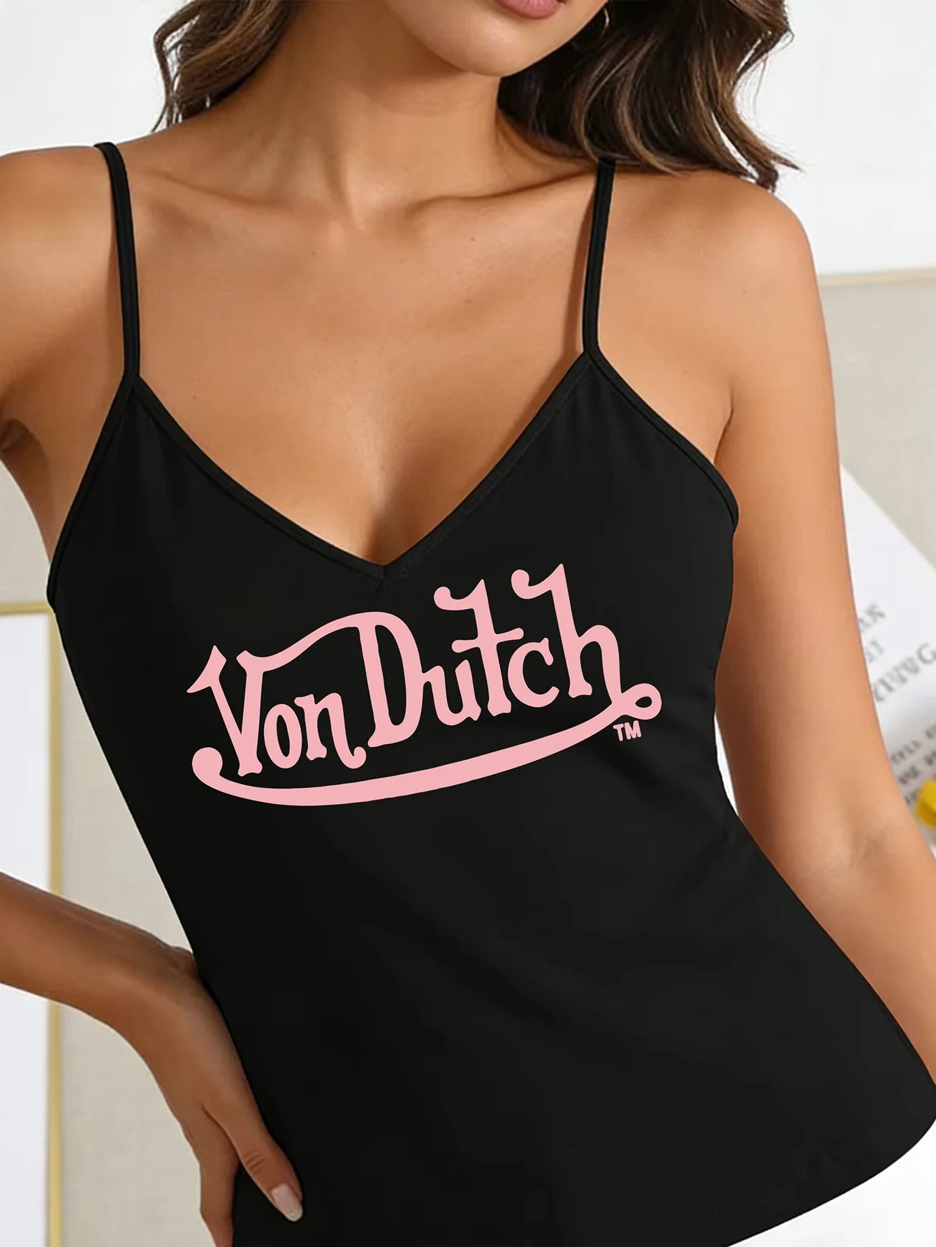Women's Y2K vintage sweet-cool pink logo print black V-neck strapless halter top