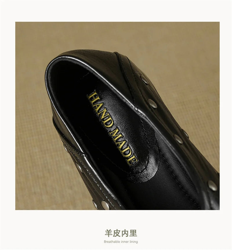 Dilalula 2025 Spring Genuine Leather Rivet Pumps Women Lace Up Low Thick Heels Soft Back Young Women Leather Leisure Pumps