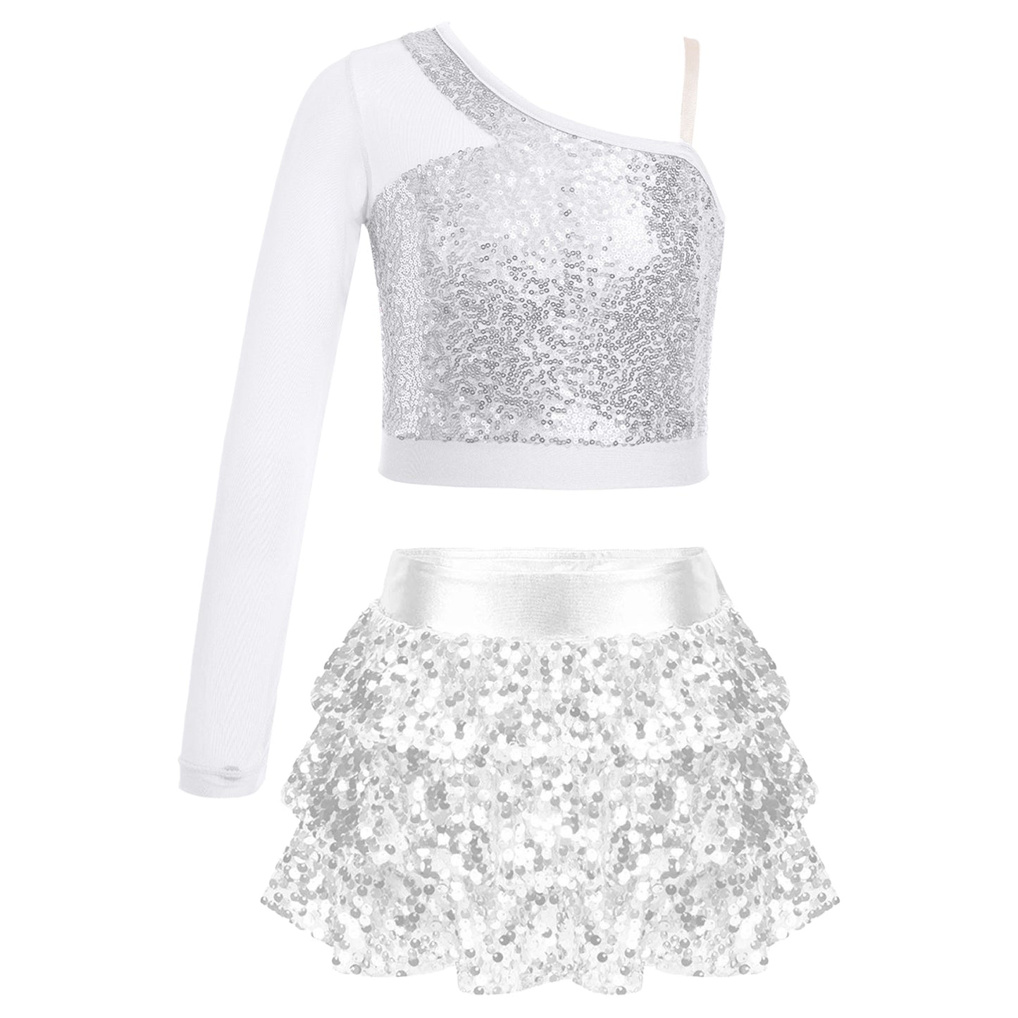Kids Girls Dance Dresses Latin Jazz Modern Dance Show Costume Sequin Long Sleeve Crop Tops and Skirted Culottes Cheer Dancewear