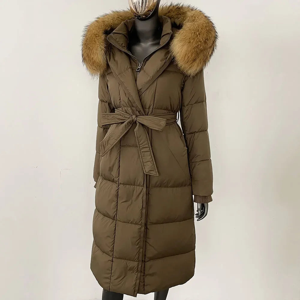 Down Jacket Women Winter Real Natural Fox Fur Hooded Detachable Collar Belt White Goose Down Coat Long Casual Elegant Overwears