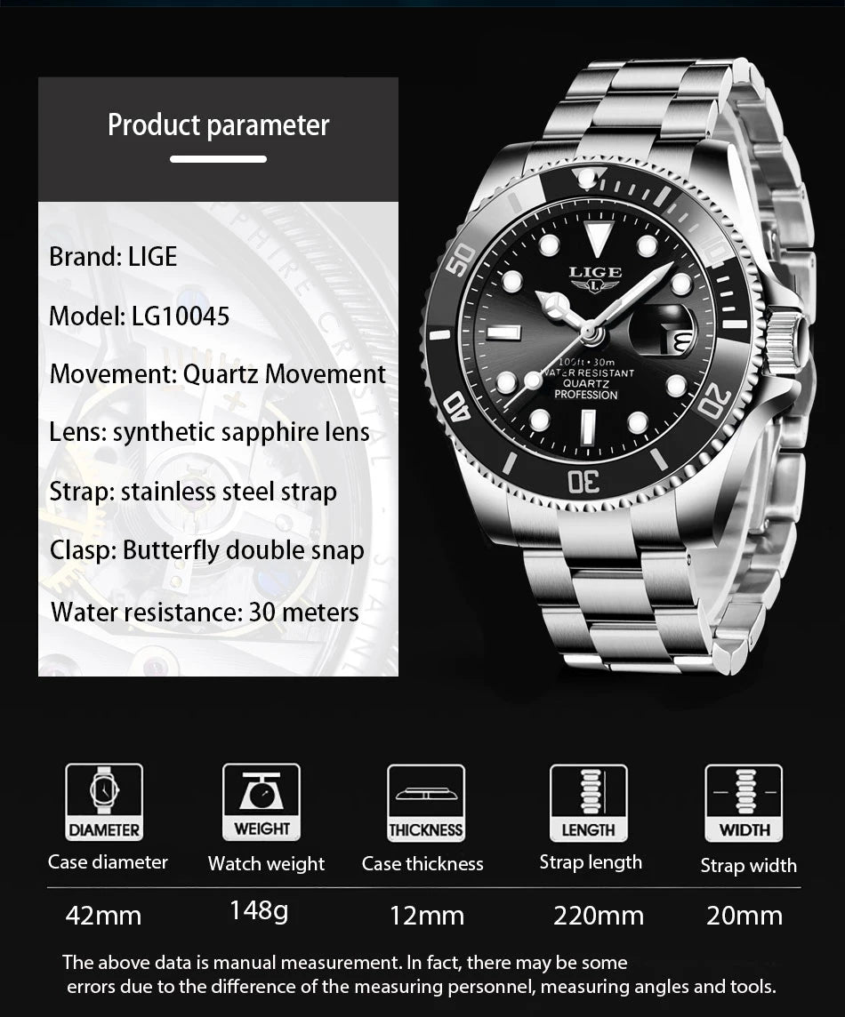 LIGE Top Original Men Quartz Watches Blue Waterproof Watch for Men Stainless Steel Quartz Men Luxury Watch Luminous Wristwatch