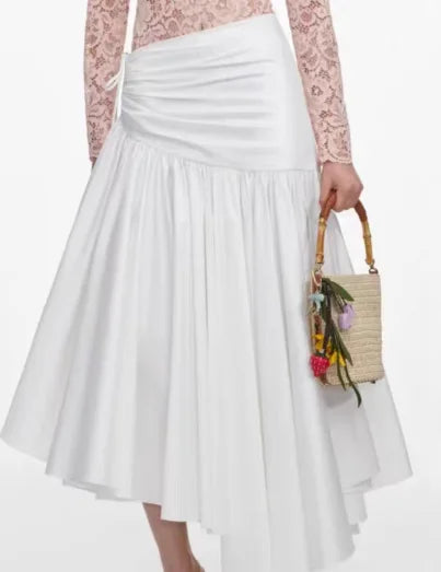 Women fashion set Pink lace jumpsuit tops + high waist asymmetrical white long skirt