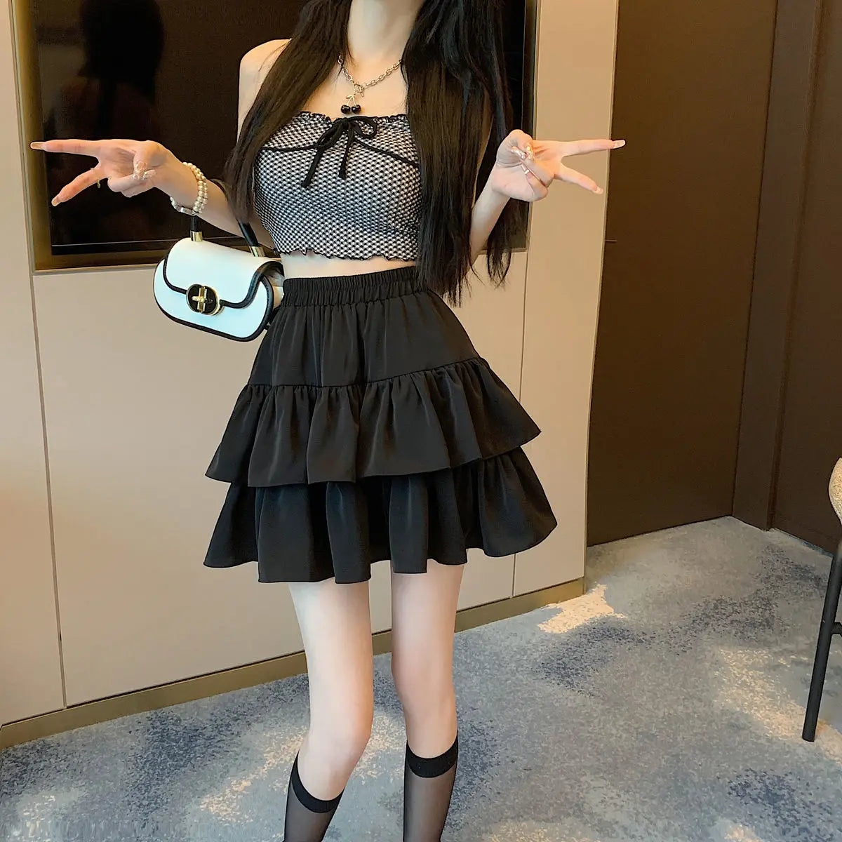 Ruffled Cake Skirts for Women High-waisted A-line Solid All-match Sweet Lovely Girls Korean Style Gentle Spring Kawaii Casual