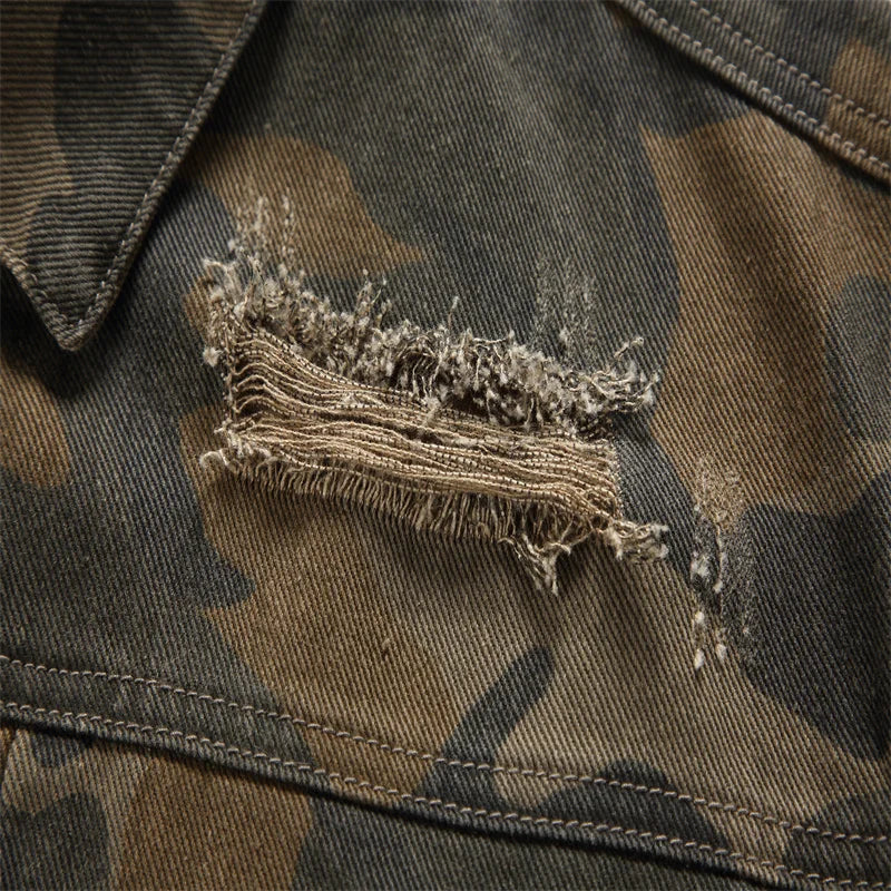 Spring Autumn American Style Denim Jacket Men Fashion Hole Camouflage Turn Down Collar Loose Outerwear Men Casual Denim Jackets