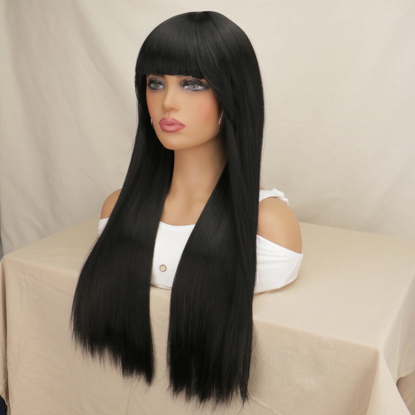 Synthetic Hair Wigs with Full Bangs Black Natrual Long Straight Women' Wig Heat Resistant Synthetic No Lace Wigs for Fashion Wig