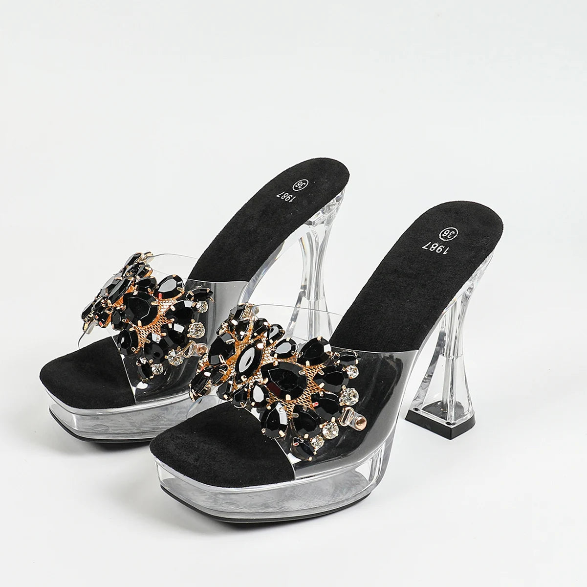 Fashion Rhinestone Slippers Women Thick Sole Platform High Heels Designer 2024 New Transparent Sandals Crystal Clear Slides Shoe