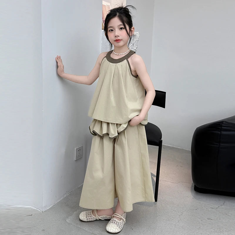 Girls Summer Casual Loose Skirt Pants Set Two Piece Outfit Big Kids Fashion Children's Clothing Set Comfortable