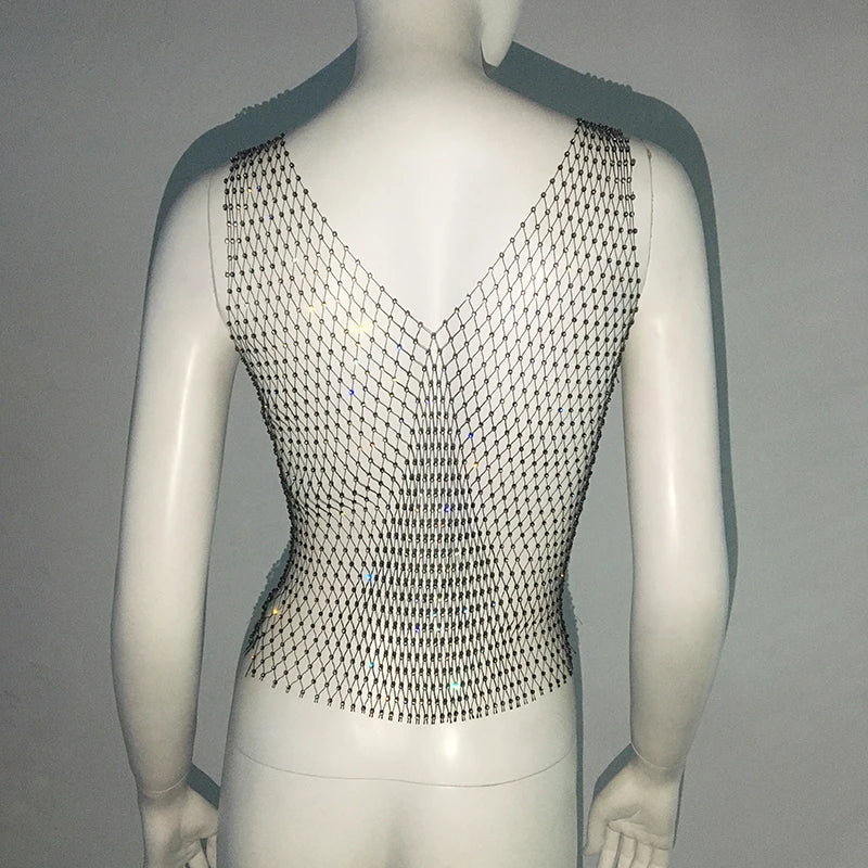 Sexy Shiny Rhinestone Fishnet Women Y2K Tank Tops See Through Crop Top Summer Beach Cover Up Tops Party Nightclub Women Clothing