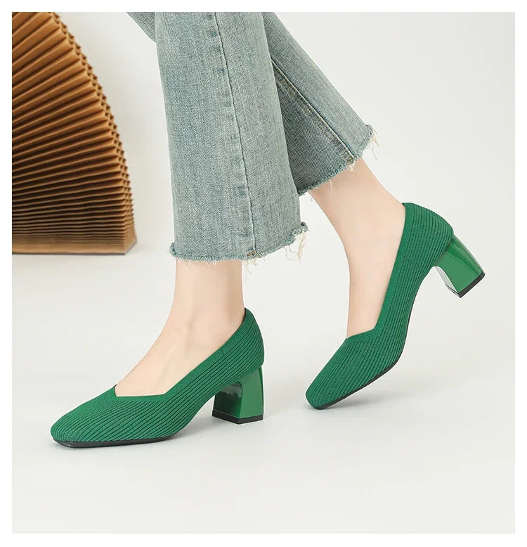 Shoes Woman High Heels Comfortable Square Knitted Breathable Comfortable Women's Flats Shoes (5cm High) 2025 New Collection