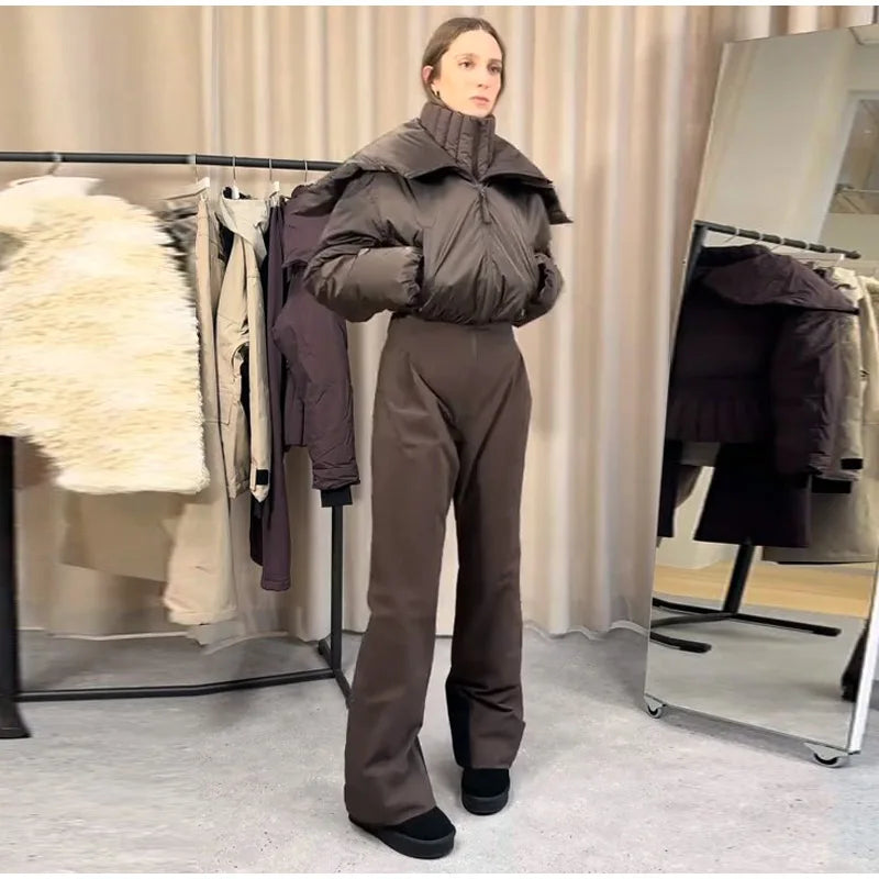 Women  Fur Collar Hooded Skiwear Fashion Solid Thicken Zipper High Waist Slim Outdoor Overalls Jumpsuit  Lady Winter Outwear