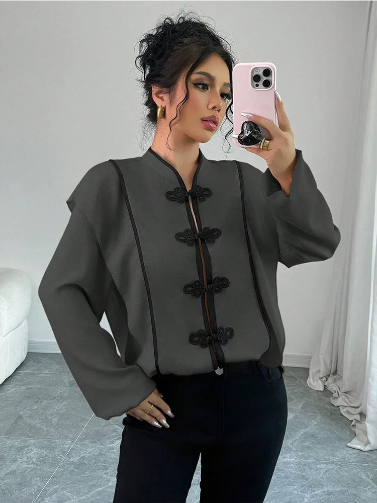 fashion Europe America Features Chinese Knot Design Long-sleeved Ethnic Style Which Casual The New Cross-border Women Shirt