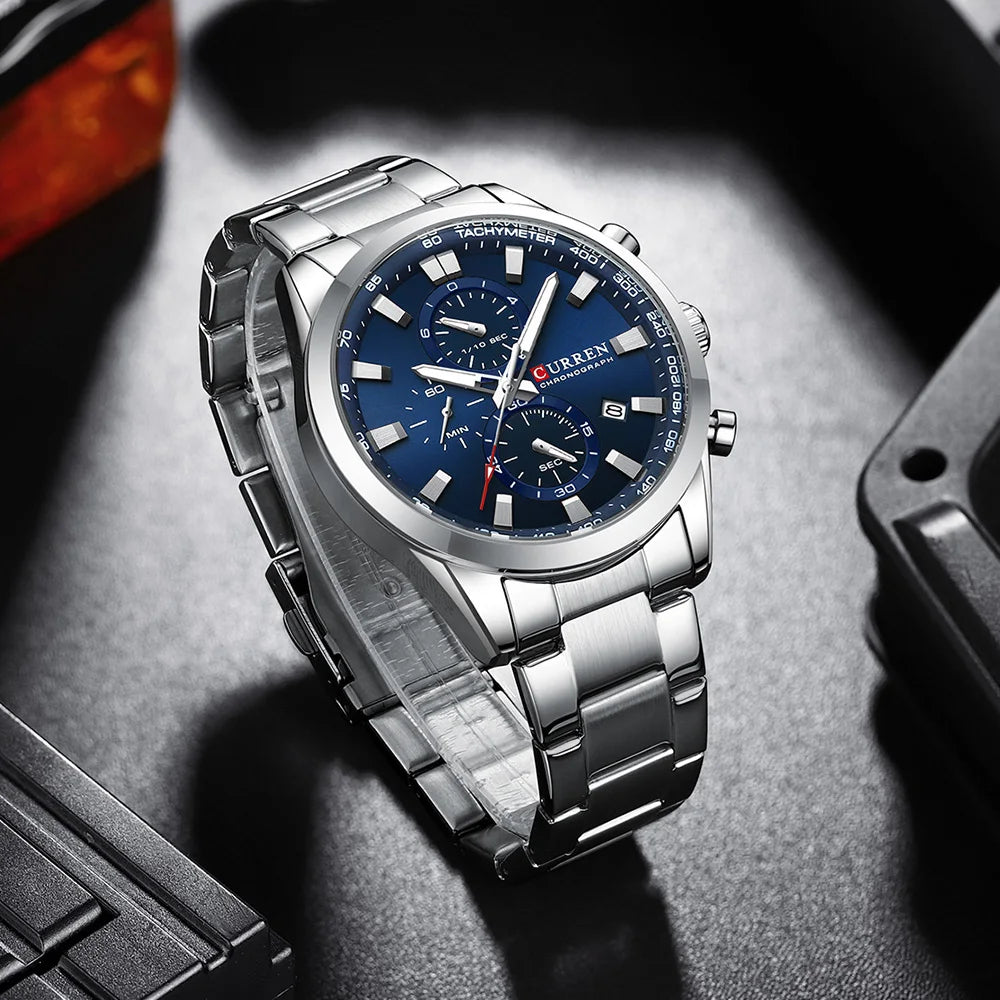 CURREN  New Sports Multifunction Stainless Steel Band Watches Fashion Brand Quartz Men's Wristwatches with Date