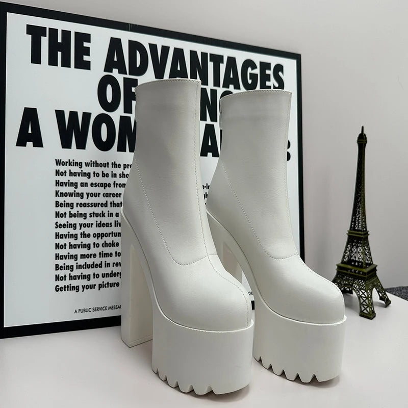 16CM Super High Heels Motorcycle Boots New Square Heel Platform Women Ankle Boots Sexy White Pleated Back Zipper Short Boots