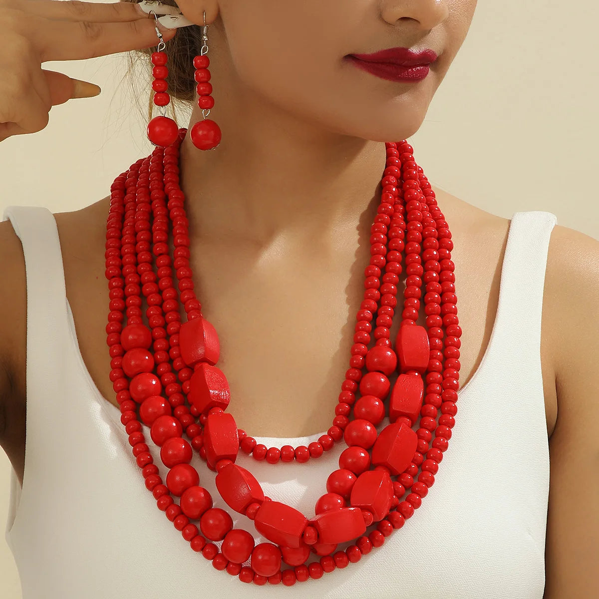 Colorful African Style Multi-Layer Wooden Bead Jewelry Sets Chokers Necklace Colorful Bohemian Necklace Earrings Set Party Jewel