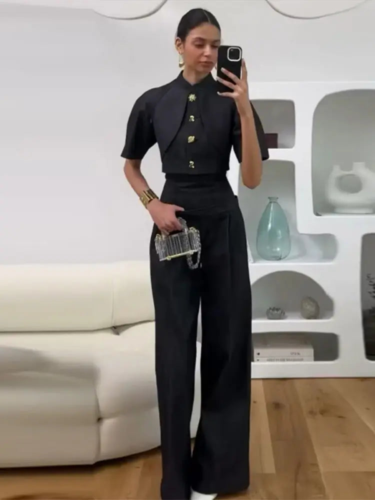 Women Denim Coat Pants Set Middle Sleeve Single Breasted Top Jackets High Waist Leg Loose Trouser Suit Lady Elegant Chic Sets