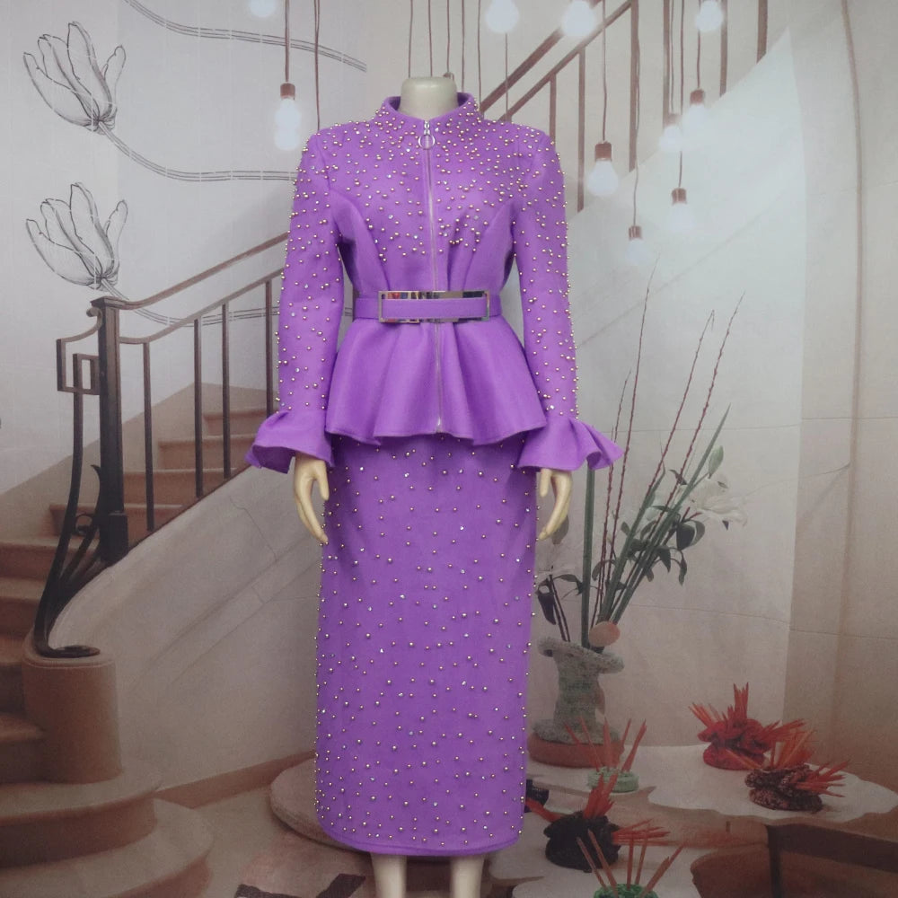 Fashion Suit African Dresses for Woman Rhinestone Turkey Dresses for Women Luxury High Quality Mesh Fabric African Beaded Dress
