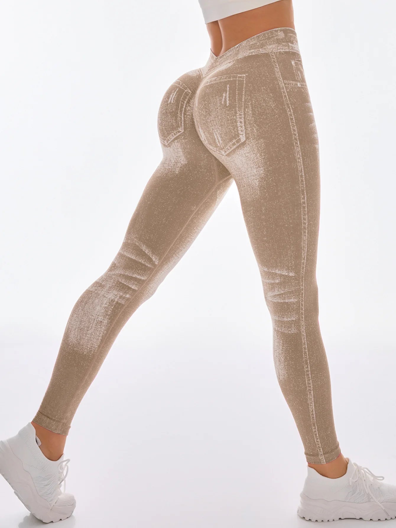 Women V Back Faux Denim Leggings For Gym Workout Athletic Yoga Pants Seamless