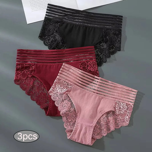 3Pcs Sexy Lace Panties Women's Underpants Solid Color Briefs Breathable Intimates Panties Female Underwear Seamless Lingeries