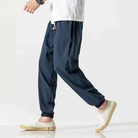 Men's Cotton Linen Casual Pants Baggy Streetwear Men Joggers Sports Trousers Solid Color Long Straight Trendy Pants for Men