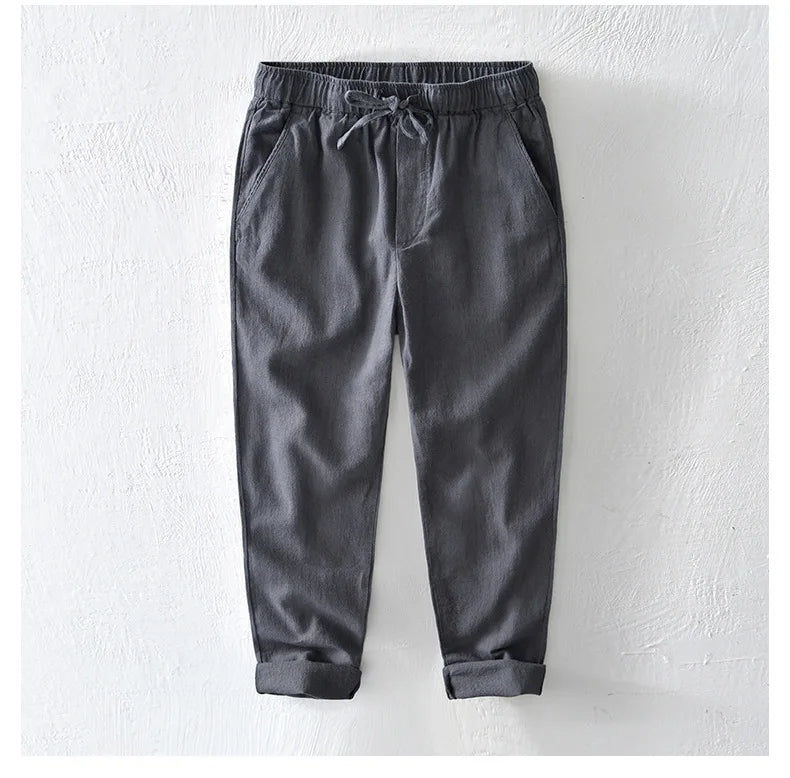 70% Linen,30% Cotton Men's Drawstring Elastic Waist Casual Pants, Straight Loose Ramie Trousers, Camping Fishing Comfortable