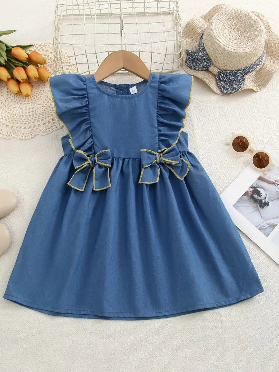 Kids Dresses for Girls Summer Casual Denim Bow Decoration Flying Sleeve Sleeveless Dress  Children's Clothes Girl Clothes