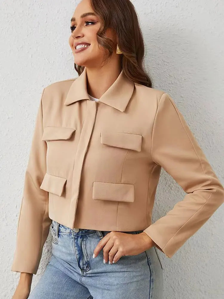 HH Spring Jacket For Women Slim Cropped Coat Elegant Solid Long Sleeve Jacket Front Flap Pocket Outerwear Fashion Streetwear