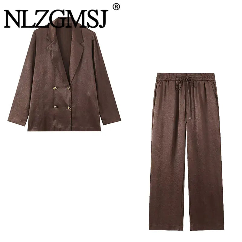 NLZGMSJ 2026 Spring Women Sets Wide Leg Pants Wrinkle Effect Oversize Office Jacket Coat Loose Blazer Suits OL Outfits