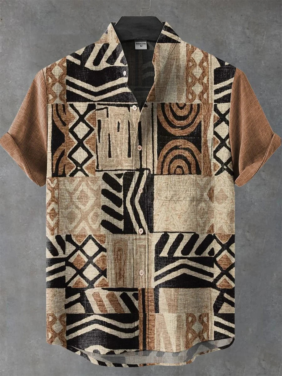 African Style Men's Retro Ethnic Tribal Short Sleeve Shirt Tops Fashion Casual Stripes Pattern Vacation Streetwear Men's Shirt
