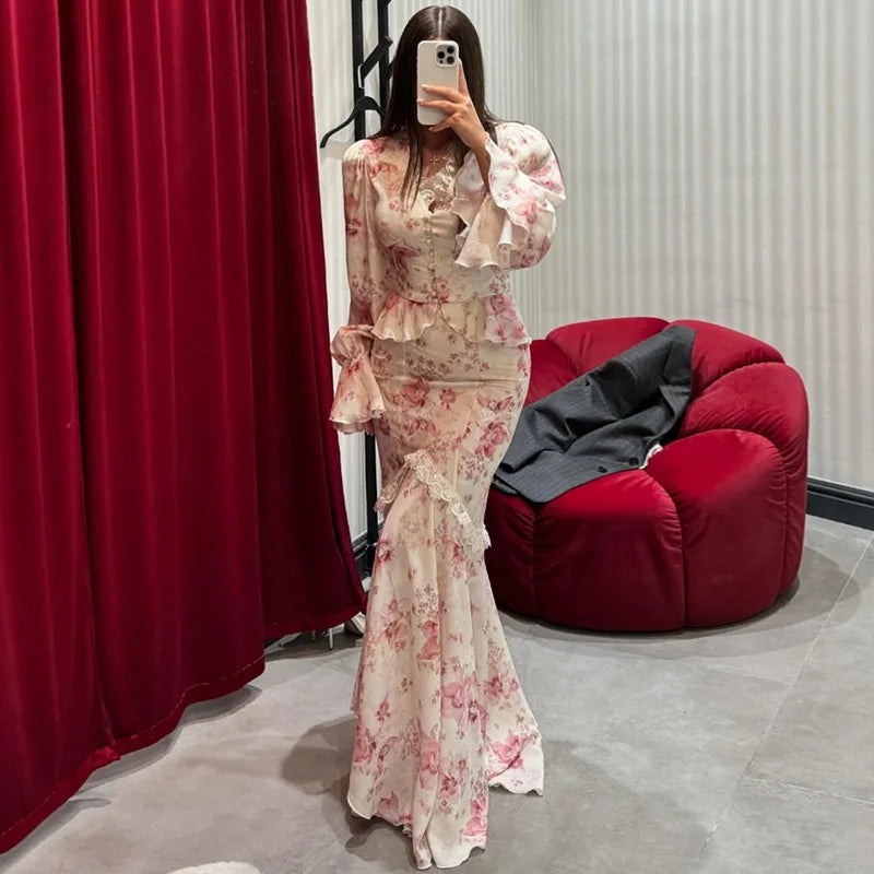 Lace Trim Satin Peplum Midi Dress Deep V-Neck Puff Sleeve A-Line 2026 Spring Summer Chic Elegant Romantic Women Cocktail Dress