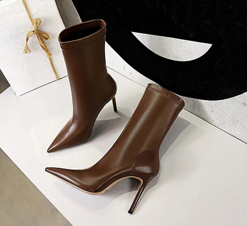 Eilyken Fashion Winter High Quality Soft PU Leather Socks Women Ankle Boots Street Style Pointed Toe Thin Heels Ladies Botines